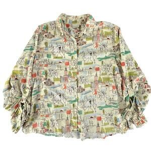 Vintage Novelty Print Shirt Womens M L White Stag Rayon Art Cityscape Button Up